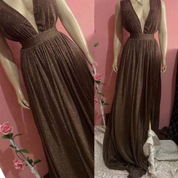 Miss Ord NWT Plunging High Slit Shimmer A Line Pleated Padded Gown Dress L - Picture 2 of 10